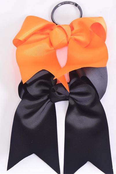 Hair Bow Extra Jumbo Long Tail Cheer Type Bow Elastic Black & Orange Mix Grosgrain Bow-tie /12 pcs Bow = Dozen  Elastic , Size-6.5"x 6" Wide , 6 Autumn Orange , 6 Black Color Asst , Clip Strip & UPC Code