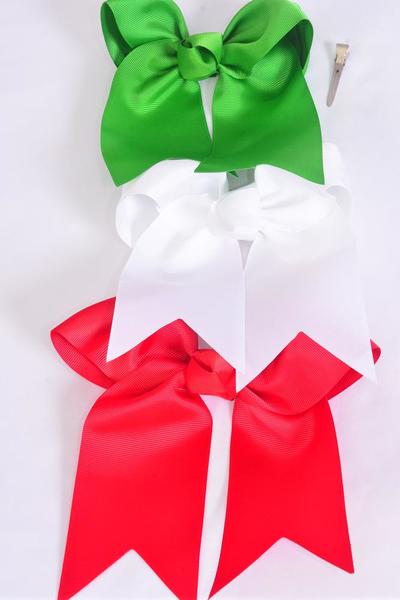 Hair Bow Extra Jumbo Long Tail Cheer Type Bow XMAS Cheer Type Bow Grosgrain Bow-tie / 12 pcs Bow = Dozen Christmas , Alligator Clip , Size-6.5"x 6" Wide , 4 Red , 4 White , Green Color Mix , Clip Strip & UPC Code
