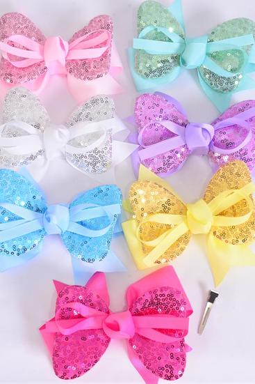 Hair Bow Jumbo Double Layered Flip Sequin Pastel Grosgrain Bow-tie / 12 pcs Bow = Dozen Alligator Clip , Size - 6" x 5" Wide , 2 White , 2 Pink , 2 Lavender , 2 Hot Pink , 2 Mint , 1 Blue , 1 Yellow Color Asst , Clip Strip and UPC Code