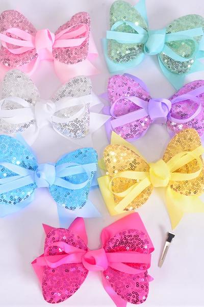Hair Bow Jumbo Double Layered Flip Sequin Pastel Grosgrain Bow-tie / 12 pcs Bow = Dozen Alligator Clip , Size - 6" x 5" Wide , 2 White , 2 Pink , 2 Lavender , 2 Hot Pink , 2 Mint , 1 Blue , 1 Yellow Color Asst , Clip Strip and UPC Code