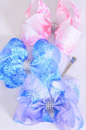Hair Bow Jumbo Snowflake Grosgrain Bow-tie / 12 pcs Bow = Dozen  Snowflake , Alligator Clip , Size - 6" x 5" Wide , 4 Of each Pattern Asst , Clip Strip & UPC Code