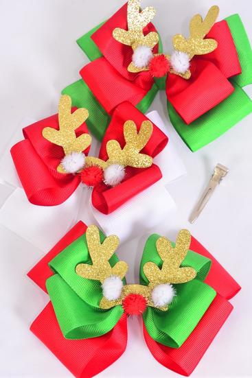 Hair Bow Jumbo XMAS Reindeer Double Layered Bow Grosgrain Bow-tie / 12 pcs Bow = Dozen Christmas, Alligator Clip , Size-6"x 5" Wide , 4 of each Pattern Asst , Clip Strip & UPC Code