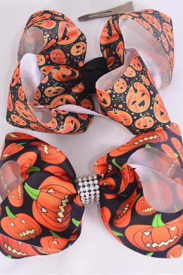 Hair Bow Jumbo Halloween Jack O'lantern Happy Pumpkin Mix Grosgrain Bow-tie/DZ Alligator Clip, Size-6"x 5" Wide, 6 Of each Pattern Mix, Clip Strip & UPC Code