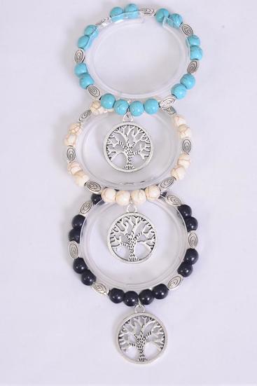 Bracelet 8 mm Semiprecious Stone Tree of Life Charm / 12 pcs = Dozen  Stretch , 4 Black , 4 Ivory , 4 Turquoise Color Asst , Hang Tag & Opp Bag & UPC Code