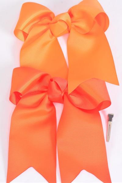 Hair Bow Extra Jumbo Long Tail Cheer Bow Type  Orange Mix Grosgrain Bow-tie / 12 pcs Bow = Dozen Orange , Size-6.5"x 6" Wide , Alligator Clip , 6 Tangerine , 6 Autumn Orange Color Asst , Clip Strip & UPC Code