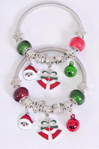 Bracelet Charm Bracelet XMAS Enamel Santa Bell Charm Mix / 12 pcs = Dozen  Christmas , Stretch , Hang Tag & Opp Bag & UPC Code