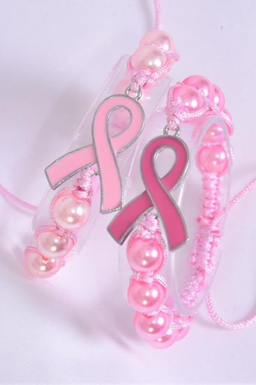Bracelet Pink Ribbon Braided Rope 10 mm Glass Pearl Brads/DZ Adjustable,6 of each Color Asst,Hang Tag & OPP Bag & UPC Code