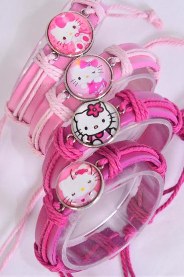 Bracelet Real Leather Band Cute Kitty Mix/DZ Unisex,Adjustable,3 of each Pattern Asst,Individual Hang tag & OPP Bag & UPC Code