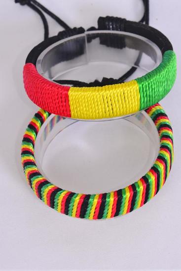 Bracelet Real leather Band Rasta Jamaica Colors Adjustable / 12 pair = Dozen Unisex , Adjustable , 6 of each Pattern Asst , Hang tag & OPP Bag & UPC Code