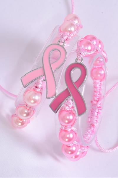 Bracelet Pink Ribbon Braided Rope 10 mm Glass Pearl Brads / 12 pcs = Dozen Adjustable , 6 of each Color Asst , Hang Tag & OPP Bag & UPC Code