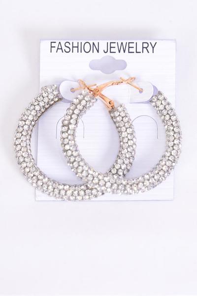 Earrings Hoop Gold Clear Stone Post / 12 pair = Dozen Post , Size - 1.75" Wide , Earring Card & OPP Bag & UPC Code