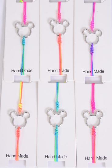 Bracelet Mouse Ear Silver Tiedye String Multi / 12 pcs = Dozen Silver , Pull-String , Adjustable , Individual Hang tag & OPP Bag & UPC Code