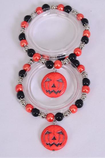 Bracelet Halloween 8 mm Beads  Semiprecious Stone Jack O'lantern Pumpkin Charm Stretch/DZ match 03120 Stretch, Hang Tag & Opp Bag & UPC Code
