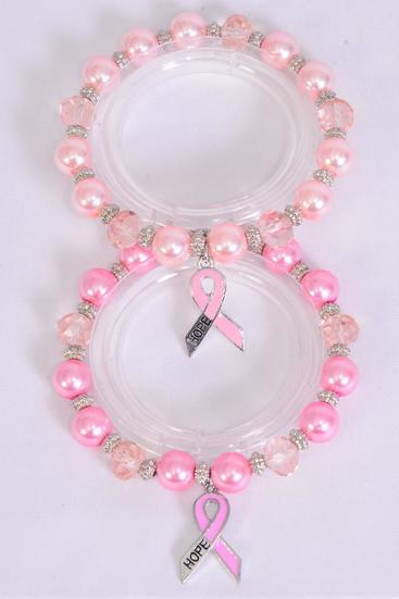 Bracelet Glass Pearl 8 mm Pink Ribbon / 12 pcs = Dozen match 00130 Stretch , 6 of each Color Asst , Hang Tag & OPP Bag & UPC Code