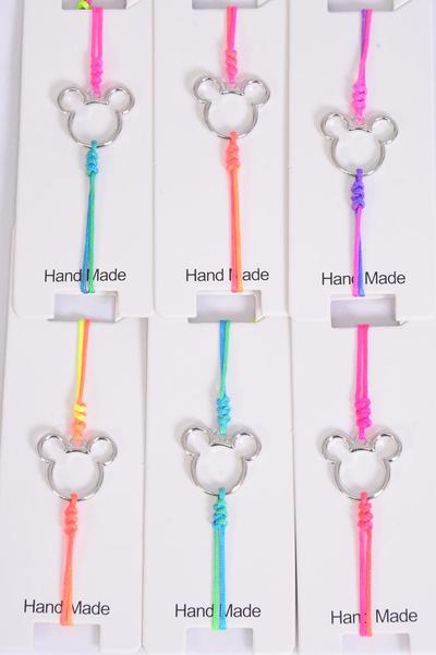 Bracelet Mouse Ear Silver Tiedye String Multi / 12 pcs = Dozen Silver , Pull-String , Adjustable , Individual Hang tag & OPP Bag & UPC Code