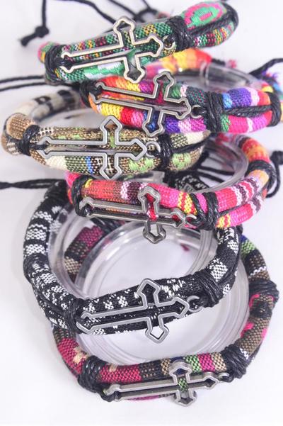 Bracelet Leather Open Cross Aztec Macrame Wrap Mix Adjustable / 12 pcs = Dozen  Unisex , Adjustable , 2 of each Color Mix , Individual Hang tag & OPP Bag & UPC Code