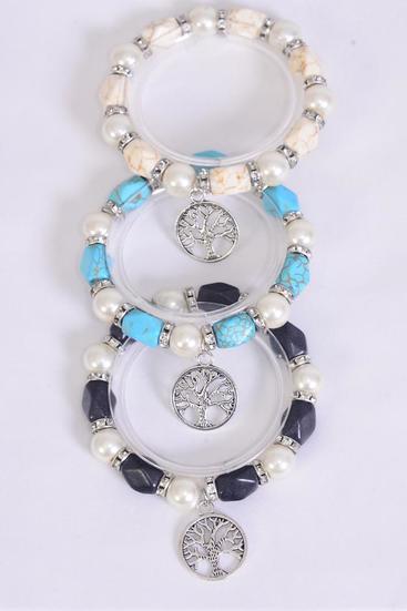 Charm Bracelet 12 mm Glass Pearl & Semiprecious Stone & Rhinestone Bezel Stretch Tree Of Life/DZ Stretch,4 Ivory,4 Black,4 Turquoise Mix,Hang Tag & Opp Bag & UPC Code