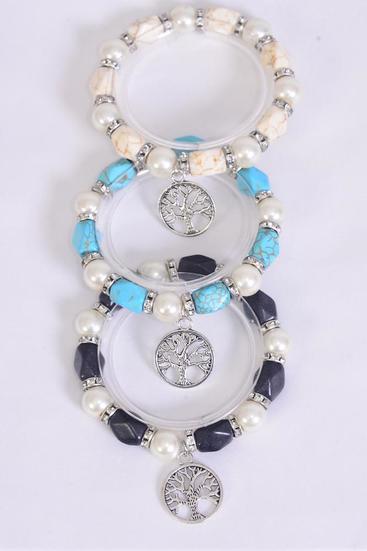 Bracelet 10 mm Glass Pearl w Semiprecious Stone Rhinestone Bezel Mix Tree Of Life / 12 pcs = Dozen Stretch , 4 Ivory , 4 Black , 4 Turquoise Mix  ,Hang Tag & Opp Bag & UPC Code