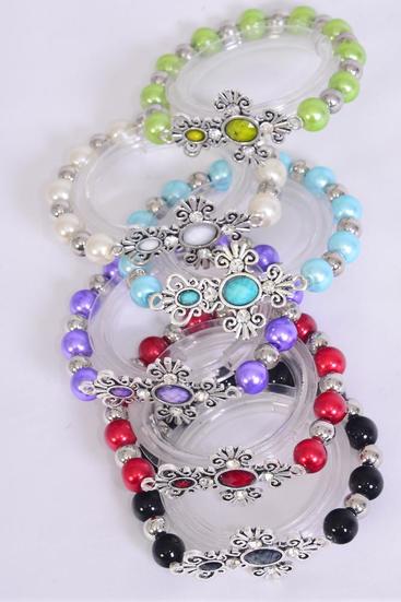 Bracelet Sideways Cross Marble look Stretch Pearl Multi / 12 pcs = Dozen  match 00033 70122 Stretch , Cross - 1.75" x 1.25" Wide , 2 White , 2 Pink , 2 Blue , 2 Yellow , 2 Purple , 1 Orange , 1 Lime Color Asst , Hang Tag & OPP Bag & UPC Code