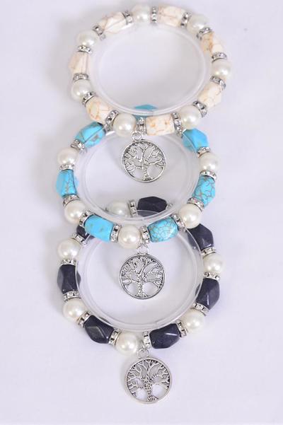 Bracelet 10 mm Glass Pearl w Semiprecious Stone Rhinestone Bezel Mix Tree Of Life / 12 pcs = Dozen Stretch , 4 Ivory , 4 Black , 4 Turquoise Mix  ,Hang Tag & Opp Bag & UPC Code