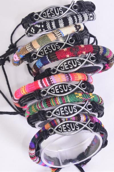 Bracelet Leather Fish Jesus Aztec Macrame Wrap Mix Adjustable / 12 pcs = Dozen Unisex , Adjustable , 2 of each Color Mix , Individual Hang tag & OPP Bag & UPC Code