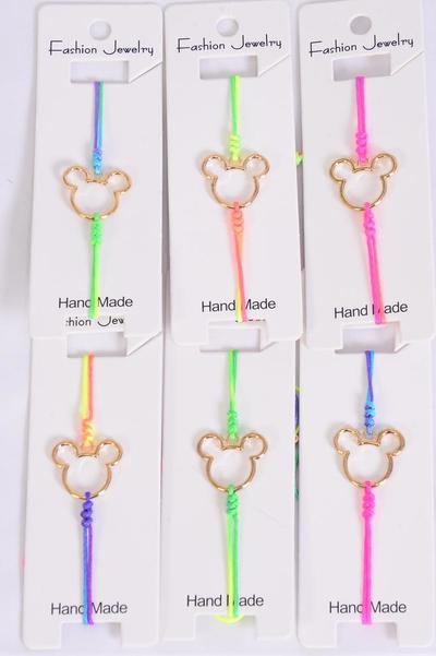 Bracelet Mouse Ear Gold Tiedye String Multi / 12 pcs = Dozen Gold , Pull-String , Adjustable , Individual Hang tag & OPP Bag & UPC Code