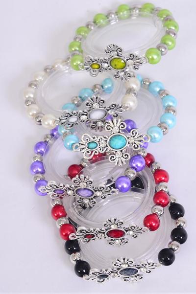 Bracelet Sideways Cross Marble look Stretch Pearl Multi / 12 pcs = Dozen  match 00033 70122 Stretch , Cross - 1.75" x 1.25" Wide , 2 White , 2 Pink , 2 Blue , 2 Yellow , 2 Purple , 1 Orange , 1 Lime Color Asst , Hang Tag & OPP Bag & UPC Code