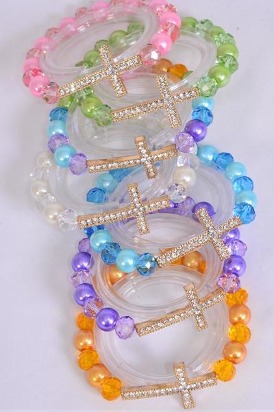 Bracelet Sideways Cross Rhinestone Glass Pearl Beads Mix / 12 pcs = Dozen Stretch , Cross - 1.75" x 1" wide , 2 Multi , 2 Purple , 2 Cream , 2 Pink , 2 Blue , 1 Lime , 1 Orange Color Asst , hang Tag & OPP bag & UPC Code