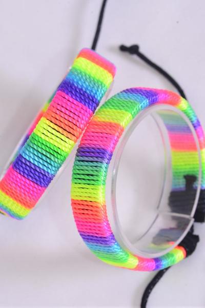 Bracelet Real Leather Band Rainbow Color Cotton Threaded Wrapped / 12 pcs = Dozen   Unisex , Adjustable , Individual Hang tag & OPP Bag & UPC Code