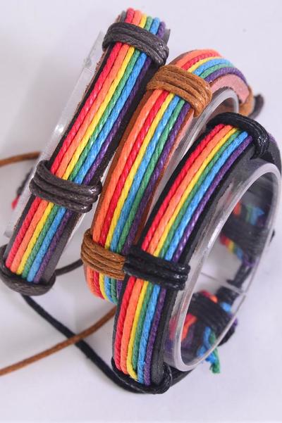 Bracelet Real Leather Band Rainbow Cotton Threaded Wrapped / 12 pcs = Dozen  Unisex , Adjustable , Individual Hang tag & OPP Bag & UPC Code