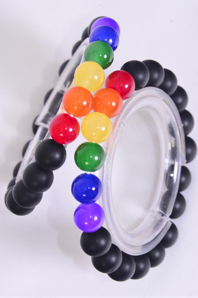 Bracelet 10 mm Black Glass Bead Rainbow Color Beads Mix Stretch / 12 ...