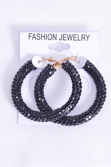 Earrings Hoop Iridescent Black Stone / 12 pair = Dozen Black , Post , Size - 1.75" Wide , Earring Card & OPP Bag & UPC Code