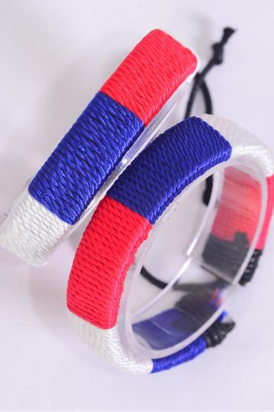 Bracelet Real Leather Band Woven Style Ombre 4th of July Patriotic Adjustable / 12 pcs = Dozen Unisex , Adjustable , Hang tag & OPP Bag & UPC Code