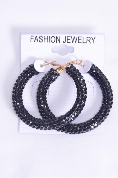 Earrings Hoop Iridescent Black Stone / 12 pair = Dozen Black , Post , Size - 1.75" Wide , Earring Card & OPP Bag & UPC Code