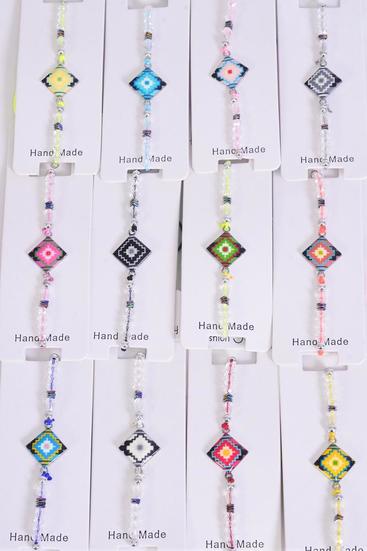 Bracelet Enamel Aztec Western like Multi / 12 pcs = Dozen Pull String , Adjustable , 12 Color Asst , Individual Hang Tag & OPP Bag & UPC Code