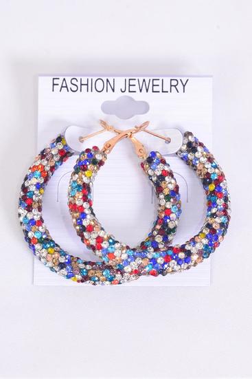 Earrings Hoop Iridescent Multi Color Stone Mix / 12 pair = Dozen Post , Size - 1.75" Wide , Earring Card & OPP Bag & UPC Code