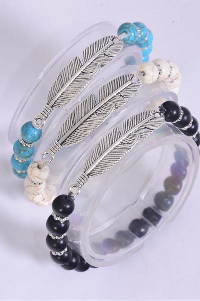 Bracelet Feather Symbol 8 mm Semiprecious Stone Stretch / 12 pcs = Dozen Stretch , 4 Of each Pattern Asst , Hang Tag & OPP Bag & UPC Code                                       