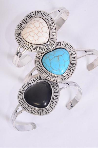 Bracelet Cuff Heart Semiprecious Stone /12 pcs = Dozen Match 70004 02932 Flexable , Heart - 1.5" x 1.25" Wide , 4 Black , 4 Ivory , 4 Turquoise Asst , Hang Tag & OPP Bag & UPC Code