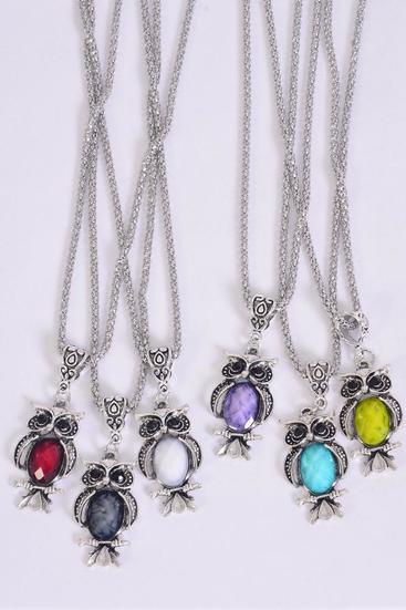 Necklace Silver Chain Owl Marble Like Diamond Cut Multi/DZ match 02656 Multi,Pendant-1.5"x 0.75" Wide,Chain-18" Extension Chain,2 of each Color Asst,Hang Tag & OPP Bag & UPC Code