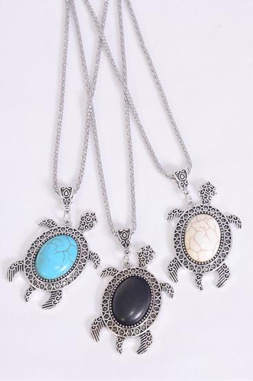 Necklace Silver Chain Turtle Semiprecious Stone/DZ Pendant-2.25" x 1.25." Wide,Chain-18" Extension Chain,4 Ivory,4 Black,4 Turquoise Asst,Hang Tag & OPP Bag & UPC Code