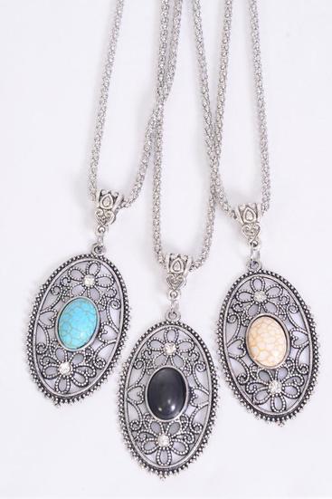 Necklace Silver Chain Oval Filigree Pendant Semiprecious Stone / 12 pcs = Dozen match 02665 Pendant - 1.5" x 1" Wide , Chain-18" Extension Chain , 4 Ivory , 4 Black , 4 Turquoise Asst , Hang Tag & OPP Bag & UPC Code