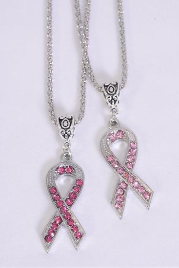 Necklace Chain Pink Ribbon Rhinestone Pendant/DZ Match 25033 03100 Pendant-1.5"x 0.5" Wide,18" Long,6 Gold & 6 Silver Mix,6 of each Color Mix,Display Card & OPP bag & UPC Code
