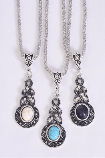 Necklace Silver Chain Pendant Semiprecious Stone/DZ match 02664 Pendant-1.5"x 0.75",Chain-18" Extension Chain,4 Of each Color Asst,Hang Tag & OPP Bag & UPC Code