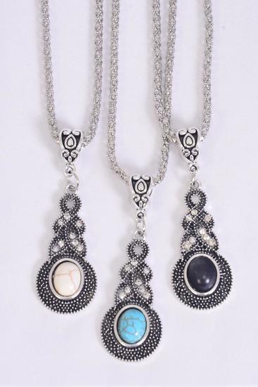 Necklace Silver Chain Pendant Semiprecious Stone / 12 pcs = Dozen match 02664 Pendant - 1.5" x 0.75" , Chain-18" Extension Chain , 4 Of each Color Asst , Hang Tag & OPP Bag & UPC Code