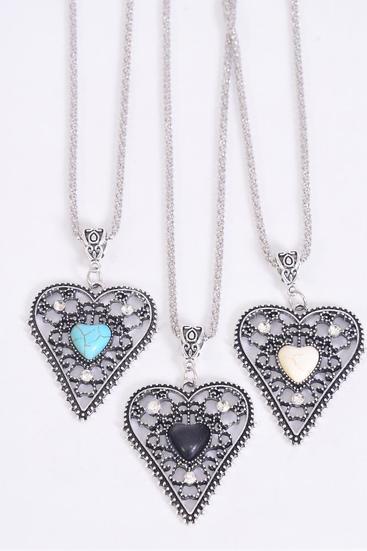 Necklace Silver Chain Metal Antique Filigree Heart Semiprecious Stone / 12 pcs = Dozen  Pendant - 1.75" x 1.5" Wide , Chain - 18" Extension Chain , 4 Ivory , 4 Black , 4 Turquoise Asst , Hang Tag & OPP Bag & UPC Code