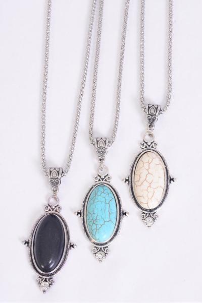 Necklace Silver Chain Oval Semiprecious / 12 pcs = Dozen match 02675 Pendant - 1.5" x 1" Wide,Chain-18" Extension Chain , 4 Ivory , 4 Black , 4 Turquoise Asst , Hang Tag & OPP Bag & UPC Code