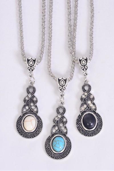 Necklace Silver Chain Pendant Semiprecious Stone / 12 pcs = Dozen match 02664 Pendant-1.5"x 0.75" , Chain-18" Extension Chain , 4 Of each Color Asst , Hang Tag & OPP Bag & UPC Code