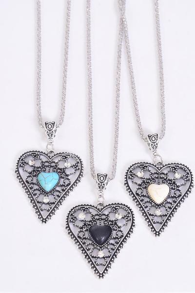 Necklace Silver Chain Metal Antique Filigree Heart Semiprecious Stone / 12 pcs = Dozen  Pendant-1.75" x 1.5" Wide , Chain-18" Extension Chain , 4 Ivory , 4 Black , 4 Turquoise Asst , Hang Tag & OPP Bag & UPC Code