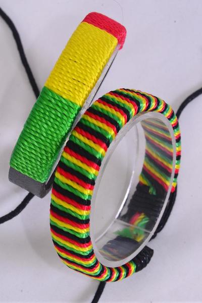 Bracelet Real leather Band Rasta Jamaica Colors Adjustable / 12 pair = Dozen Unisex , Adjustable , 6 of each Pattern Asst , Hang tag & OPP Bag & UPC Code