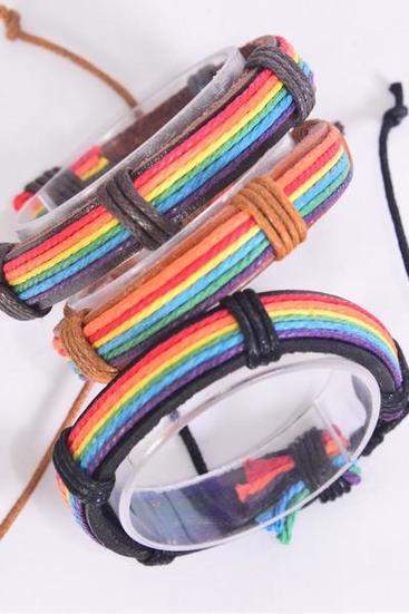 Bracelet Real Leather Band Rainbow Cotton Threaded Wrapped / 12 pcs = Dozen  Unisex , Adjustable , Individual Hang tag & OPP Bag & UPC Code